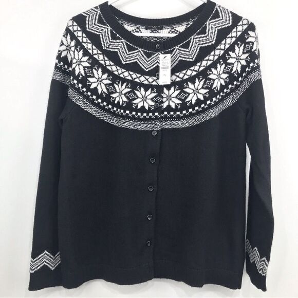 Talbots NEW Black Cardigan Sweater with White Nordic Snowflake Pattern - Picture 1 of 11